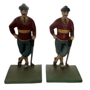 Set Of 2 Vintage Cast Iron Victorian Men's Golfer Door Stop Bookend Figure
